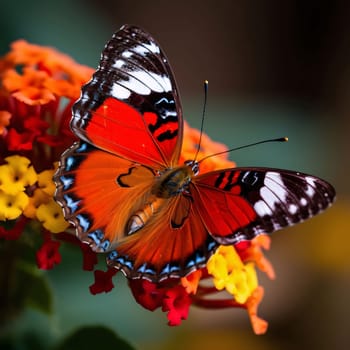 Beautiful spring illustration: Butterfly on the flower in the garden, nature background.