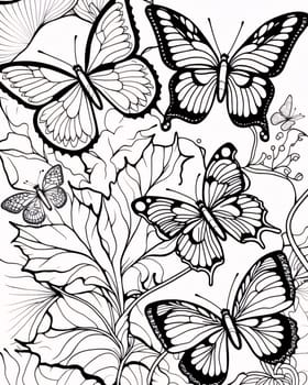 Beautiful spring illustration: Seamless background with butterflies and leaves. Black and white illustration.