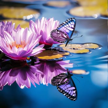 Beautiful spring illustration: Beautiful purple lotus and butterfly on the water surface with reflection