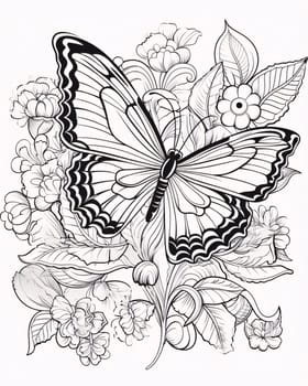 Beautiful spring illustration: Butterfly and flowers. Black and white illustration for coloring book.