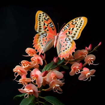 Beautiful spring illustration: Butterfly on a flower isolated on black background with clipping path