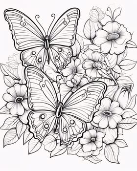 Beautiful spring illustration: Butterflies and flowers. Black and white illustration for coloring book.