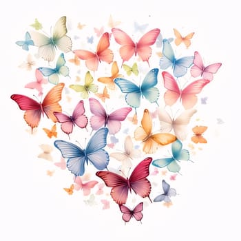 Beautiful spring illustration: Heart shape made of colorful butterflies isolated on white background. Vector illustration.