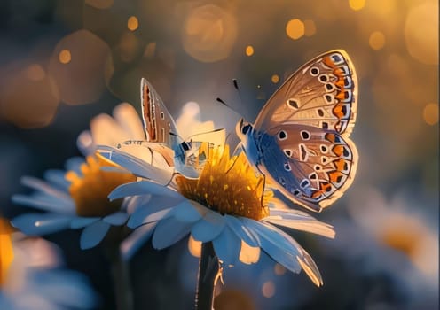 Beautiful spring illustration: Butterflies on daisy flower in the rays of the setting sun