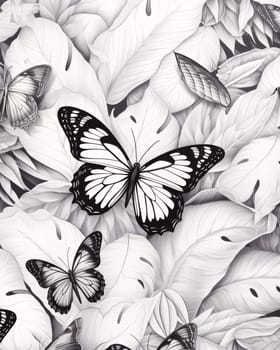 Beautiful spring illustration: Black and white butterflies on white leaves background. Floral seamless pattern.