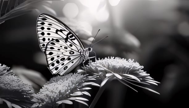 Beautiful spring illustration: Butterfly on a flower in the garden. Black and white