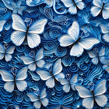 Beautiful spring illustration: Abstract blue background with butterflies. 3d rendering, 3d illustration.