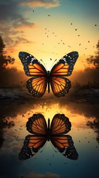 Beautiful spring illustration: Butterfly reflected in the water at sunset. 3D illustration.