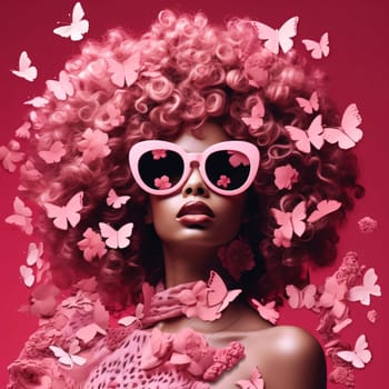 Beautiful spring illustration: Beautiful young woman with pink hair and butterflies. Beauty, fashion.