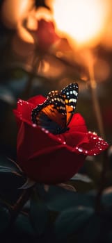 Beautiful spring illustration: Butterfly on a red rose flower in the garden at sunset
