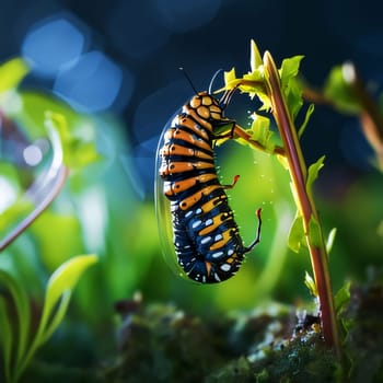 Beautiful spring illustration: Papilio machaon on green leaf in nature.