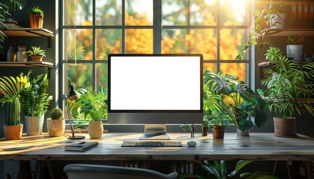 A computer monitor sits on a wooden desk in front of a brick wall by AI generated image.