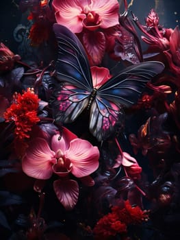 Beautiful spring illustration: Beautiful tropical flowers and butterfly on dark background. Floral background