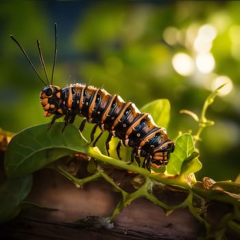Beautiful spring illustration: Caterpillar of the Papilio machaon on nature background