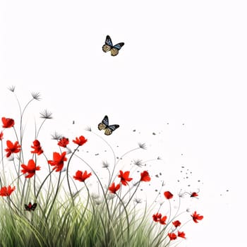 Beautiful spring illustration: Red poppies and butterflies on white background. Vector illustration.