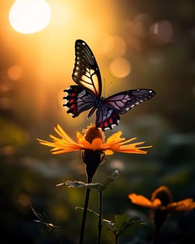 Beautiful spring illustration: Butterfly on flower in the garden at sunset. Nature background.