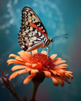 Beautiful spring illustration: Butterfly on orange zinnia flower with bokeh background