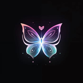 Beautiful spring illustration: Butterfly with glowing wings on a dark background. Vector illustration.