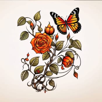 Beautiful spring illustration: Beautiful bouquet of roses with a butterfly. Vector illustration.
