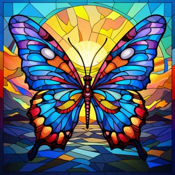 Beautiful spring illustration: Illustration in stained glass style with abstract butterfly on the sun background, square image
