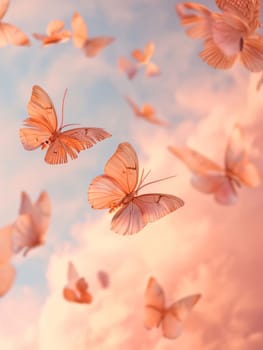 Beautiful spring illustration: Butterflies flying in the sky. Colorful background with butterflies.