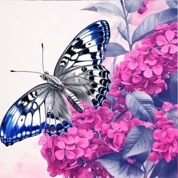 Beautiful spring illustration: Beautiful butterfly on pink hydrangea flowers. Vector illustration.