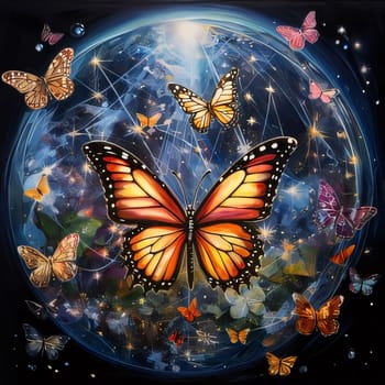 Beautiful spring illustration: Beautiful butterfly on the background of the planet. Colorful illustration.
