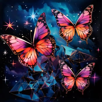 Beautiful spring illustration: Tropical background with butterflies, polygonal triangles and stars