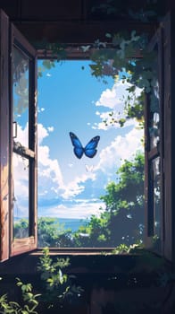 Beautiful spring illustration: Butterfly on the window of a wooden house with blue sky