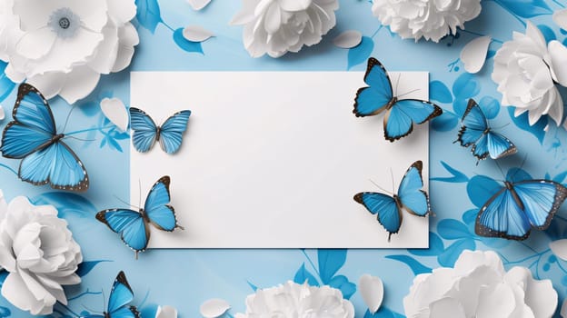 Abstract illustration: White paper card with butterflies and white flowers on blue background, top view