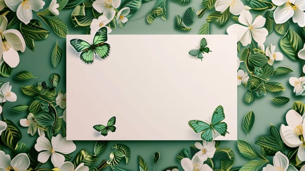 Beautiful spring illustration: White paper card with green leaves and white flowers on a green background