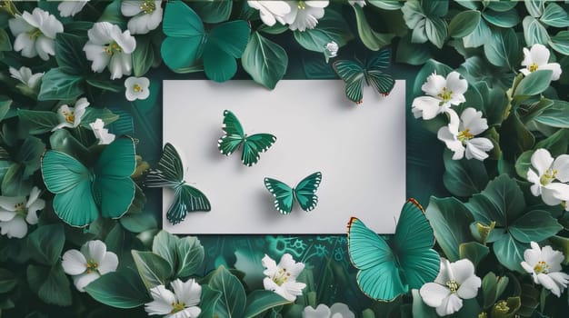 Beautiful spring illustration: Flowers composition. Frame made of green leaves, white flowers and butterflies. Flat lay, top view, copy space