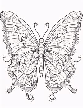 Beautiful spring illustration: Butterfly coloring page. Vector illustration. Black and white.