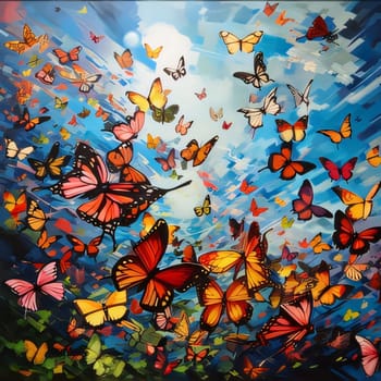 Beautiful spring illustration: Butterflies flying in the blue sky. Colorful background.