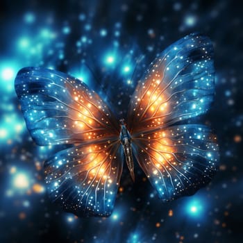 Beautiful spring illustration: Beautiful butterfly with glowing wings on a cosmic background. 3D rendering