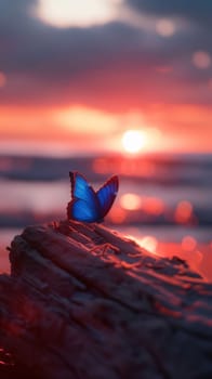 Beautiful spring illustration: Butterfly sitting on a piece of wood on the beach at sunset