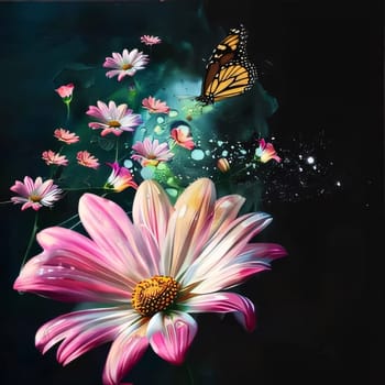 Beautiful spring illustration: Beautiful pink daisies and butterfly on a dark background.
