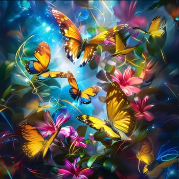 Beautiful spring illustration: Floral background with butterflies and flowers. Colorful butterflies on a blue background.