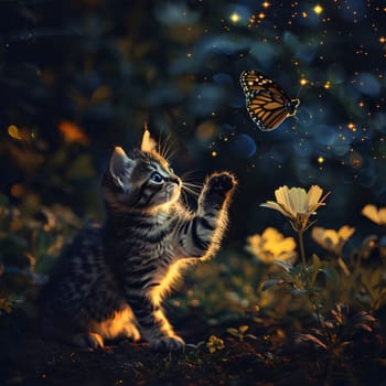 Beautiful spring illustration: Cute little kitten with a butterfly in the forest at sunset.