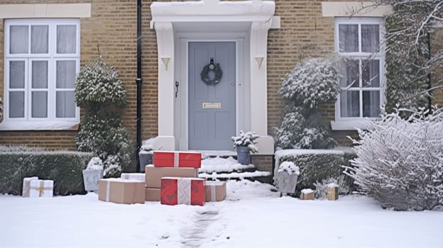 Christmas gifts delivery, postal service and holiday presents online shopping, wrapped parcel boxes on a country house doorstep in a snowing winter, post-processed, generative ai