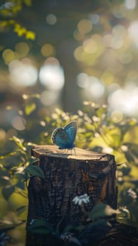 Beautiful spring illustration: Butterfly on a stump in the forest. Nature background.