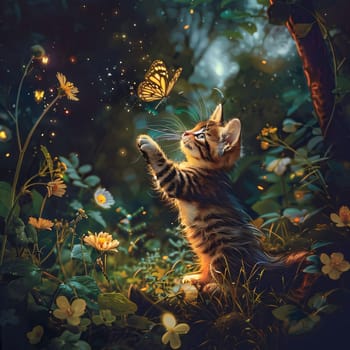 Beautiful spring illustration: The kitten is playing with a butterfly in the meadow of flowers.