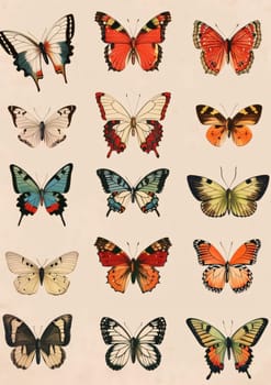 Beautiful spring illustration: Butterflies collection isolated on old paper background. Vector illustration.