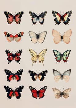 Beautiful spring illustration: Butterflies of different colors and sizes on a light background.