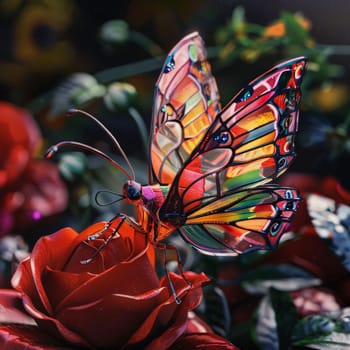 Beautiful spring illustration: Butterfly on a red rose in a vase of flowers