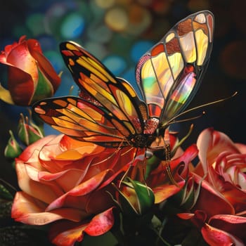 Beautiful spring illustration: Butterfly on a bouquet of roses. Flower background.