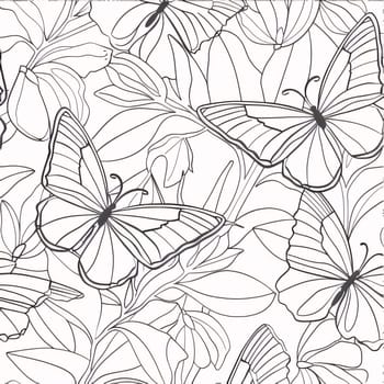 Beautiful spring illustration: Seamless pattern with butterflies and flowers. Black and white background.