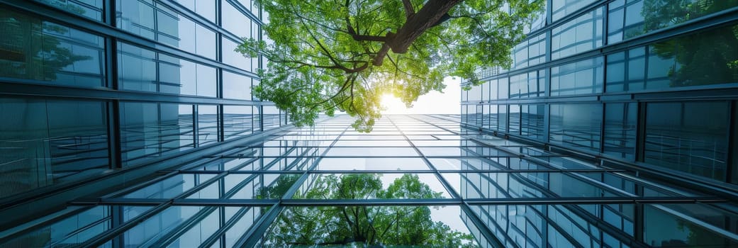 A large glass building with a tree in front of it by AI generated image.