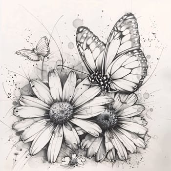 Beautiful spring illustration: Butterfly on daisies. Hand-drawn illustration.