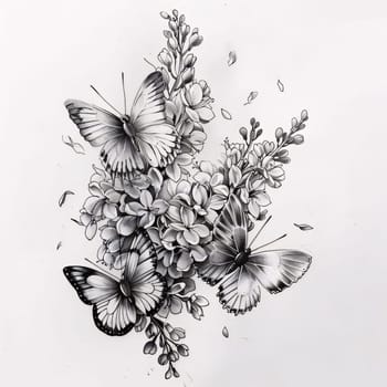Abstract illustration: butterflies and flowers on a white background, black and white